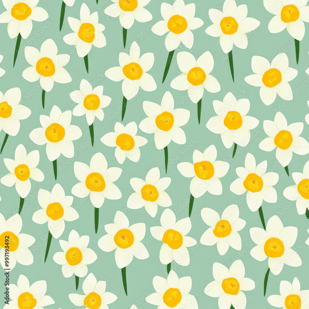 Poster tiny flat design daffodils in yellow and white hues, arranged in a repeating pattern on a light mint