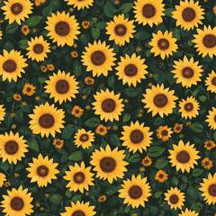 Tiny flat sunflowers with yellow petals and brown centers, arranged in a seamless pattern on a deep forest green background, creating a bold and vibrant look.