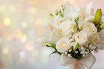 Obraz premium A delicate arrangement of white roses and lilies tied with a silk ribbon radiates elegance against a soft, dreamy pastel backdrop. Generative AI
