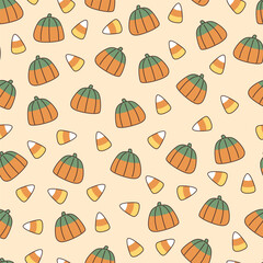 Groovy Halloween seamless candy pattern. Candy corn and candy pumpkin background. Traditional Halloween candies. Vintage style.