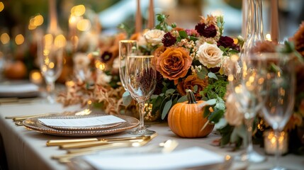 Naklejka premium An exquisite wedding table set for autumn showcases a vibrant arrangement of orange and burgundy flowers, mini pumpkins, and polished cutlery with twinkling candlelight