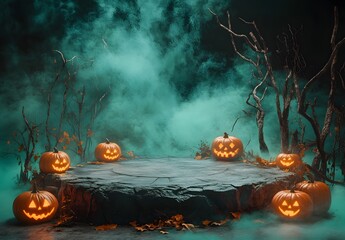 Halloween podium. Stand show and showcase with halloween concept. Stage With pumpkin for promo and discount. Happy halloween celebration holiday banner concepts.
