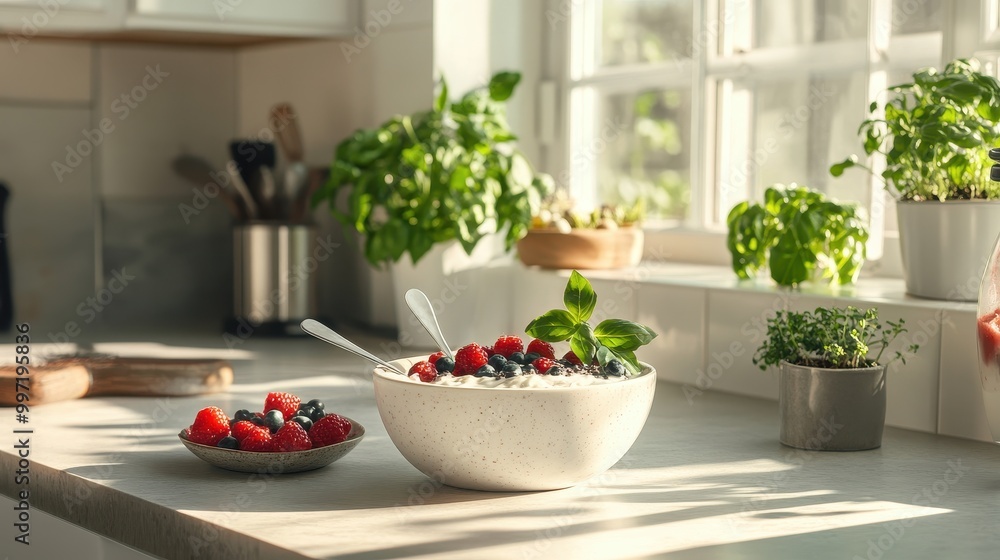 Wall mural healthy homemade breakfast in a serene kitchen setting