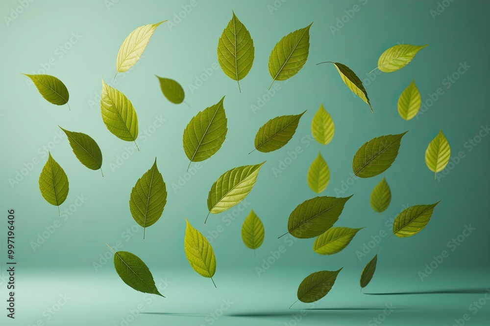 Poster isolated leaves dancing in dynamic motion on pure backgrounds 3d render