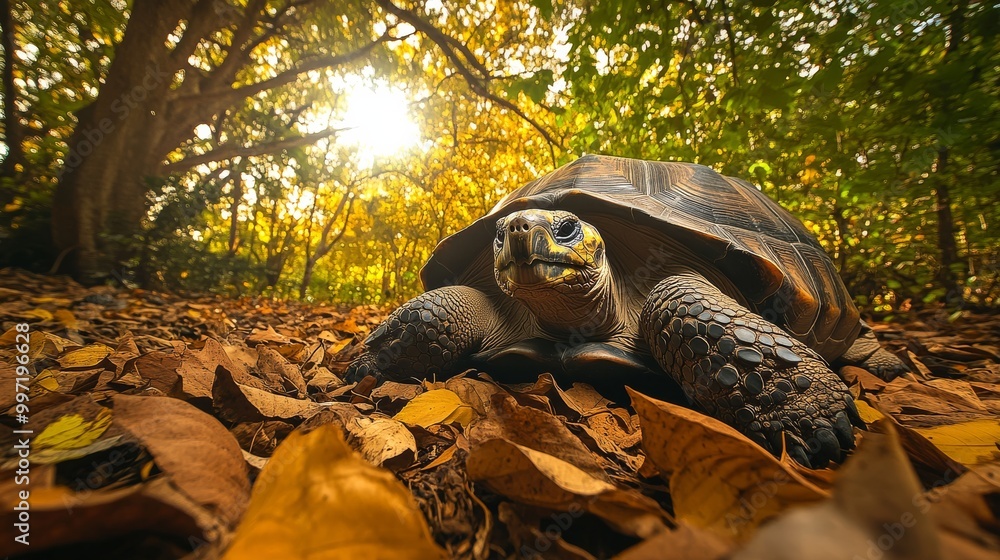 Poster a large tortoise is seen resting on the forest floor, surrounded by vibrant fallen leaves and illumi