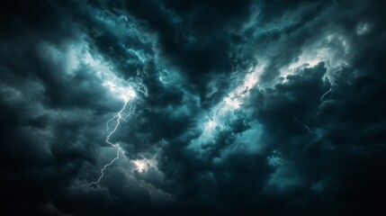 Dark storm clouds gather ominously as bolts of lightning streak through the sky, creating a dramatic and intense atmosphere during a nighttime storm