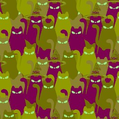 Halloween animals seamless cats witch pattern for wrapping paper