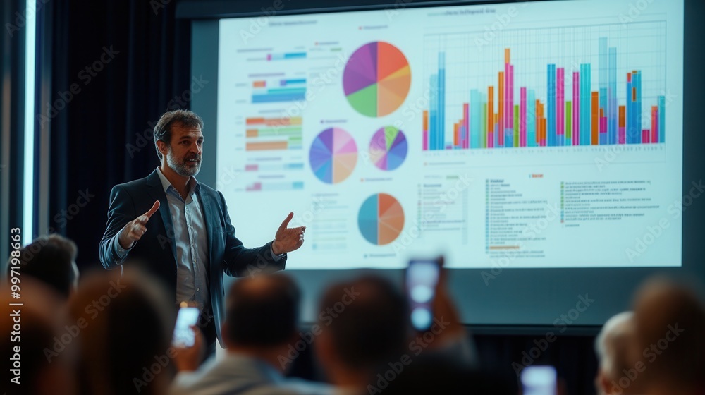 Poster an expert delivers a presentation on data analysis while displaying vibrant charts and graphs on a l