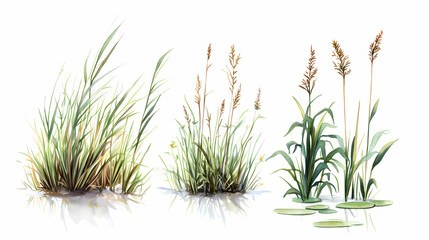 Sedge reeds swamp plant set, watercolor set. Wetlands. Illustration