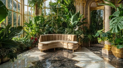 Fototapeta premium A luxury conservatory with a marble floor, gold detailing, and lush plants Velvet settees provide a comfortable spot to enjoy the indoor garden