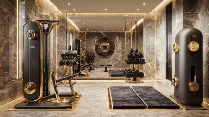 A luxury home gym with marble walls, gold-trimmed equipment, and plush velvet floor mats A large mirror and state-of-the-art sound system enhance the workout experience