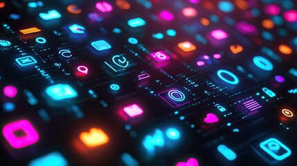 Glowing social media icons in a digital layout. AI generated image