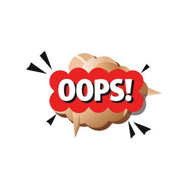 Oops speech bubble illustration with red and beige accents on a black background
