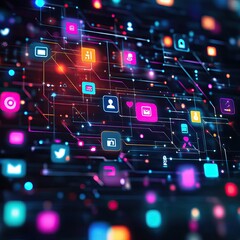 Glowing social media icons in a digital layout. AI generated image