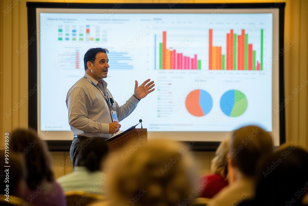 Poster an expert stands confidently at a conference, delivering a compelling presentation with colorful cha