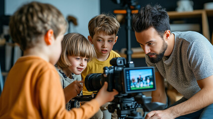 Young children learning about video production, gathered around a professional camera with an adult, experiencing the excitement of filmmaking in a creative and educational environment.