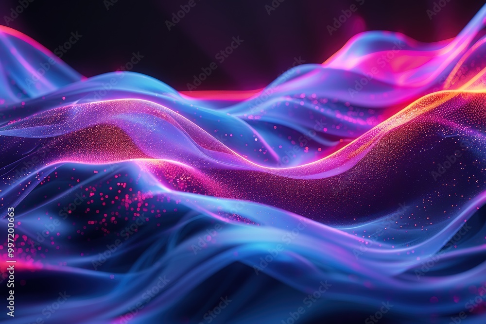Poster abstract fluid 3d render holographic iridescent neon curved wave in motion dark background. gradient