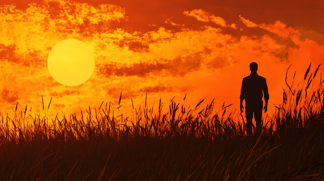 Silhouette of a man against a fiery sunset, reflective solitude and dusk's embrace style, contemplative mood concept, suitable for introspective and motivational themes. Golden Fields. Illustration