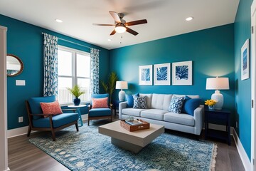 Fototapeta premium Bright Casual Living Space with Ocean Blue Walls and Contemporary Furniture