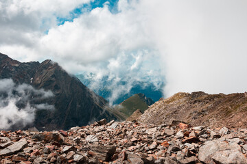 Panorama of alps. Extreme sports in mountains. High resolution photo. Ski, parasailing, climbing, alpinism.