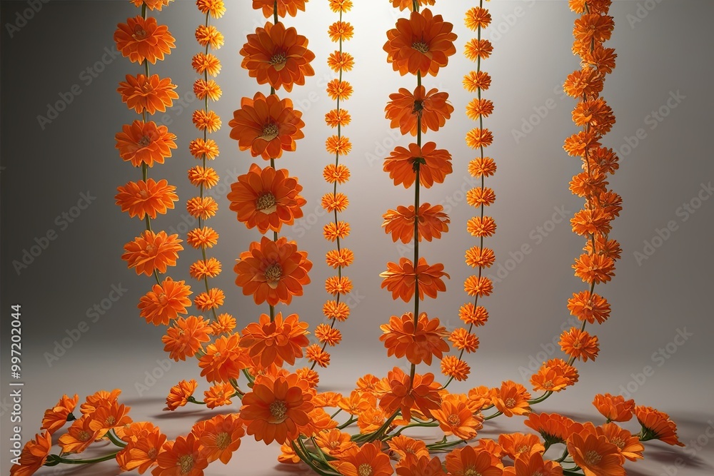 Poster cascading luminous orange flowers in dynamic motion 3d render