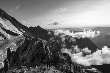 Panorama of alps. Extreme sports in mountains. High resolution photo. Ski, parasailing, climbing,...