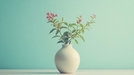 A vase with flowers against a pastel background.