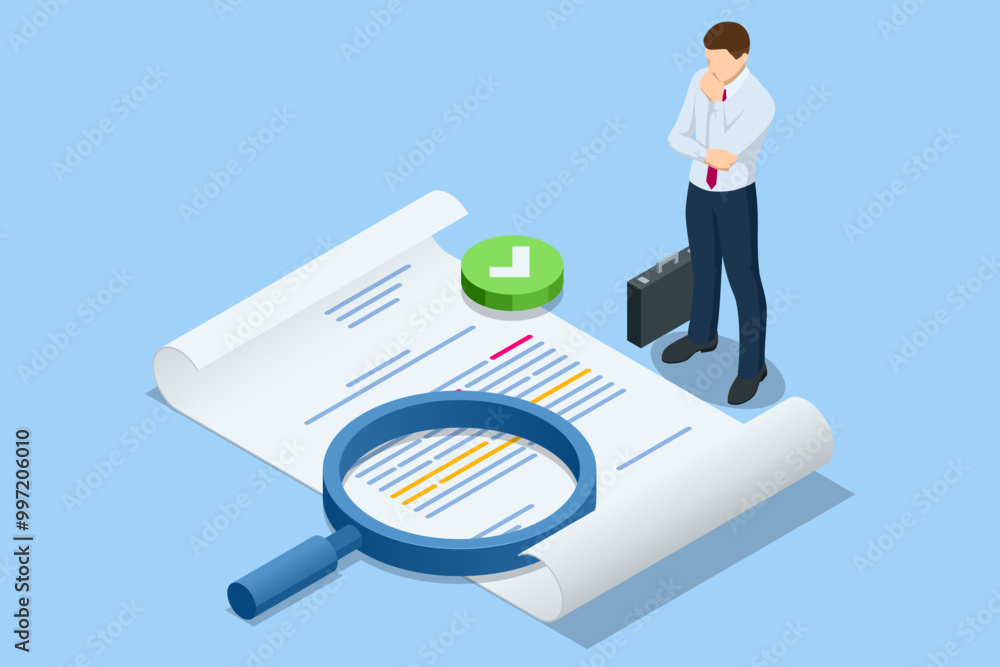 Poster isometric business analysis, analytics, research. analytics and monitoring, where a business team tr