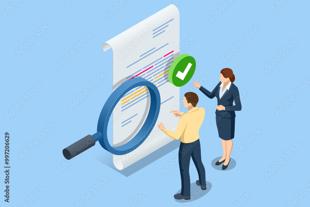 Poster isometric business analysis, analytics, research. analytics and monitoring, where a business team tr