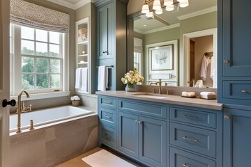Elegant Traditional Bathroom Style Featuring Soft Blue Cabinets and Natural Stone Sink