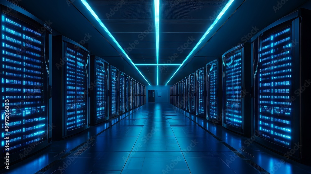 Poster a modern data center featuring rows of servers with blue led lights, showcasing the advancements in 