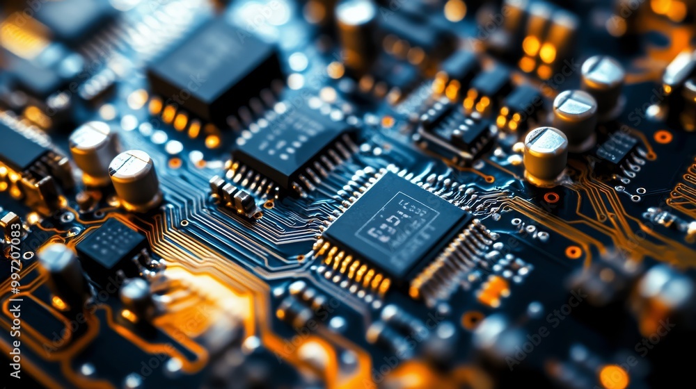 Poster an intricate circuit board is showcased with an array of electronic components, emphasizing modern t