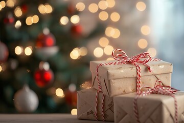 A stack of presents wrapped in rustic brown paper with red and white twine bows, set against a blurred background of a decorated Christmas tree with twinkling lights.