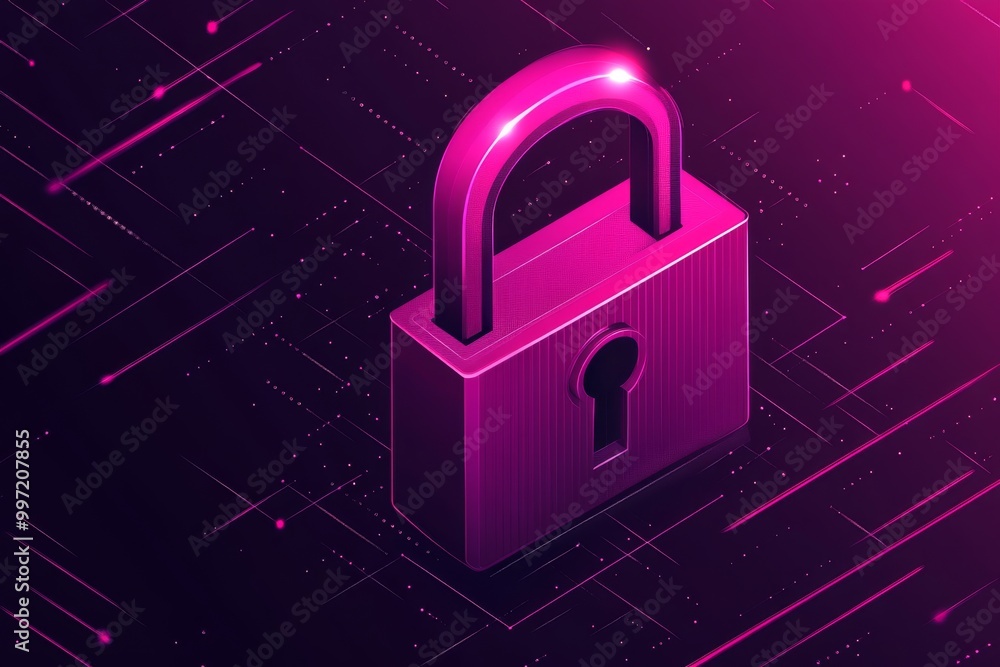 Poster purple digital lock glowing on a neon futuristic grid symbolizing online security data encryption an
