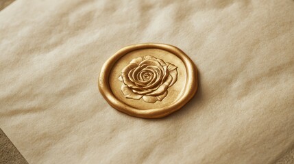 A detailed gold wax seal featuring a rose imprint rests on an elegant ivory envelope, highlighting the artistry of traditional stationery design