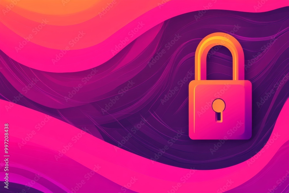 Poster Pink and orange padlock on vibrant wavy background symbolizing online privacy encryption and data protection in a dynamic abstract digital setting