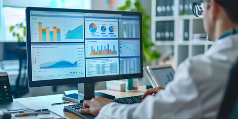 Fototapeta premium Businessman Analyzing Data on Multiple Monitors, Data Analyst Reviewing Graphs in Office, A researcher analyzes data on a computer screen in a modern office setting