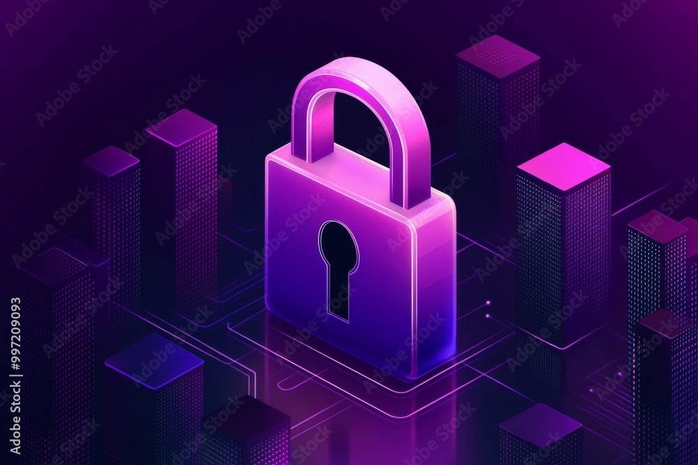 Poster neon purple padlock surrounded by glowing cityscape elements symbolizing online security encryption 