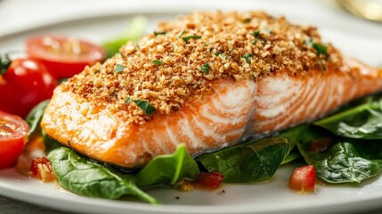 A perfectly cooked salmon fillet with a golden nut crust sits on fresh spinach leaves, accompanied by vibrant cherry tomatoes for a colorful, gourmet dish