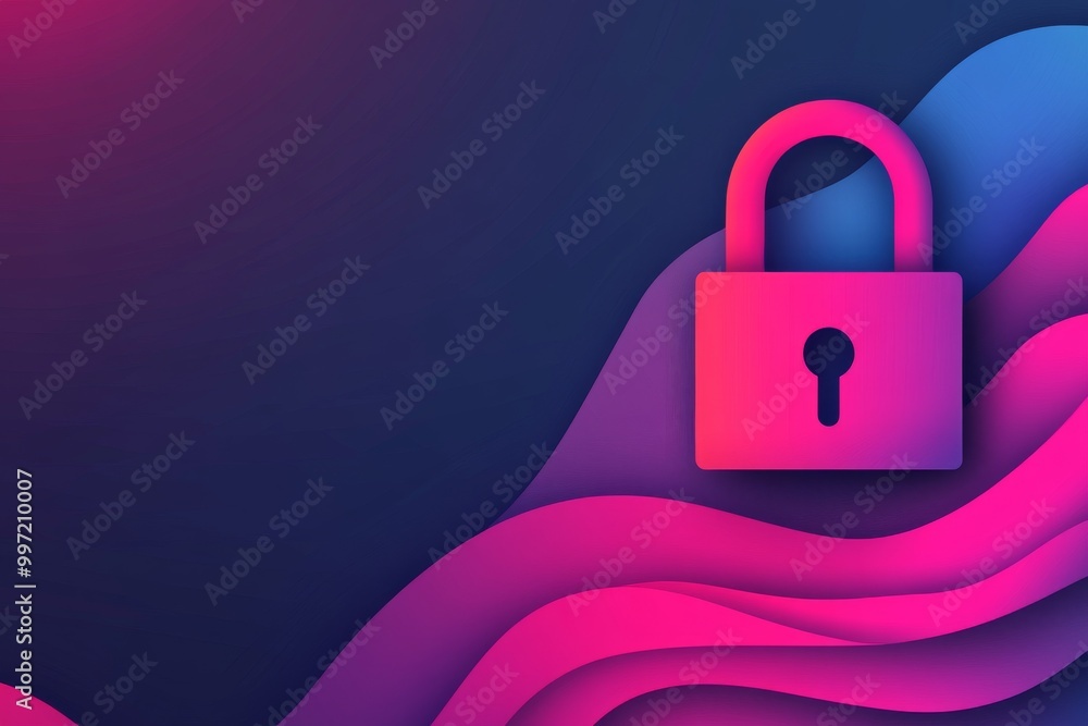 Poster neon pink lock set against a colorful abstract wavy background symbolizing online security encryptio