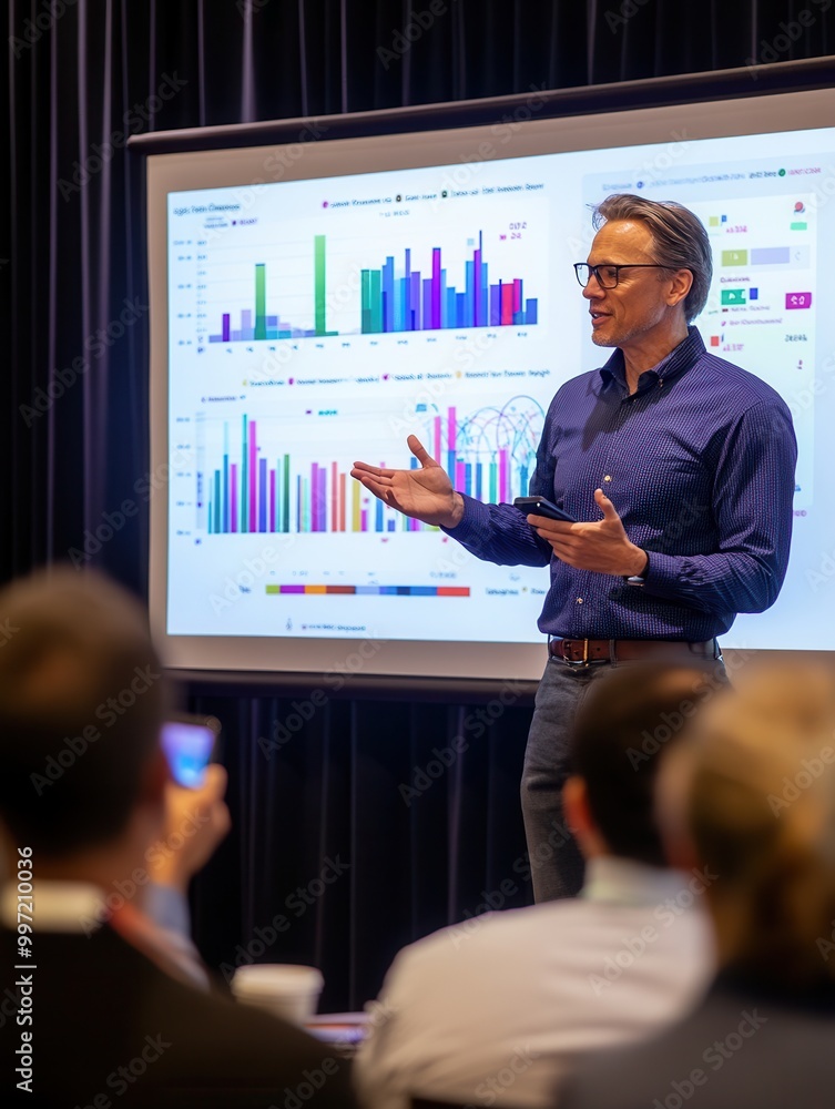 Poster an expert engages the audience at a conference, effectively presenting data through colorful charts 