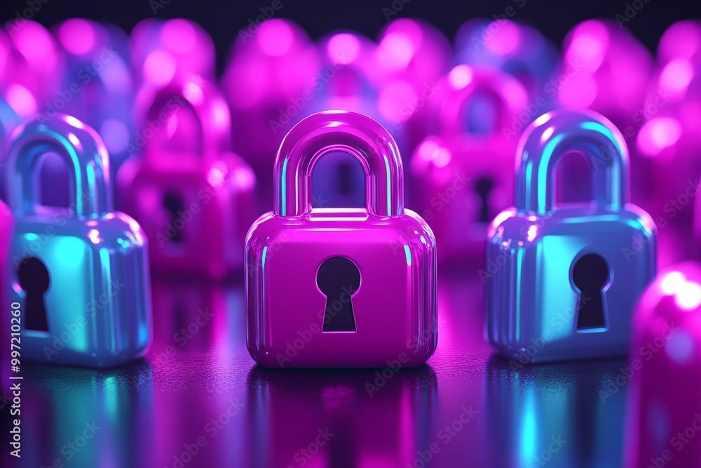 Poster rows of glowing purple and blue locks symbolizing encryption online security and data protection in 