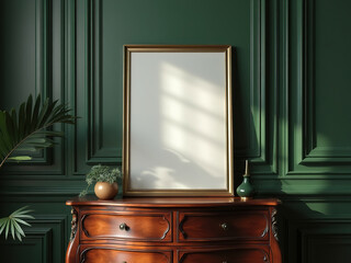 3D Render of Mock-up Frame Standing on Commode in Dark Green Home Interior, Close-Up, Perfect for Interior Design and Contemporary Decor