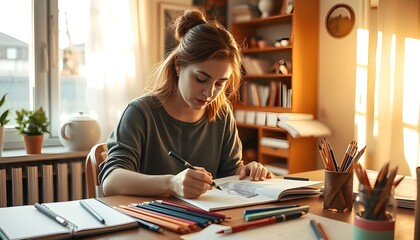  A female artist seated at a table, intently focused on drawing a sketch in her cozy home, generative ai