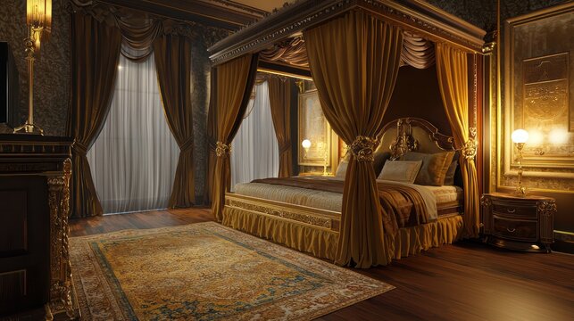 A regal guest room featuring a canopy bed with gold and velvet details, rich draperies, and soft, ambient lighting An opulent rug covers the hardwood floor