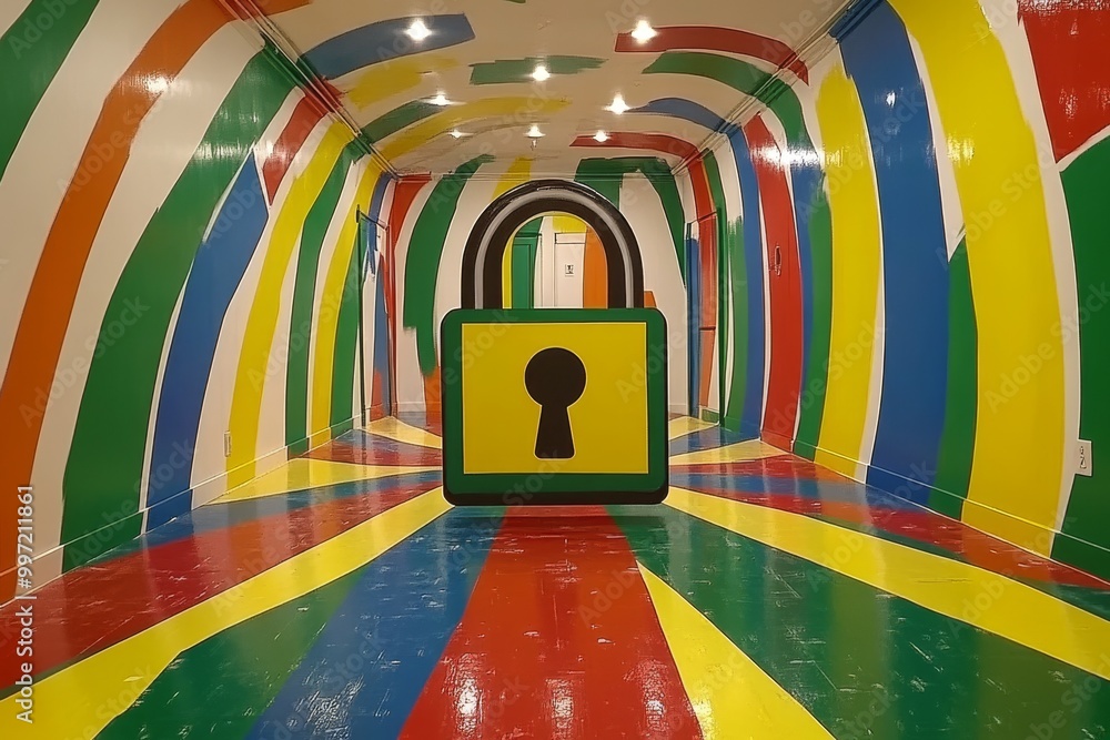 Poster yellow padlock inside a colorful tunnel with rainbow lights symbolizing digital encryption data secu
