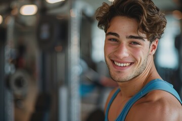 Fototapeta premium Cheerful individual in a gym during workout, focusing on fitness goals and sports motivation, embodying the spirit of a dedicated athlete committed to wellness