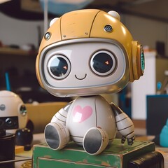 Kawaii Robot with Yellow Helmet Sitting on a Green Box in a Workshop