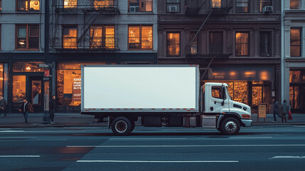 Empty blank white mockup on the small truck vehicle driving through the city street, template for advertisement. Commercial business transport delivery cargo, side view