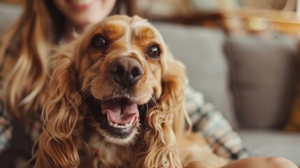 Joyful interaction between a woman and her dog in a living space, focusing on teaching tricks and fostering growth in their relationship while training in the home